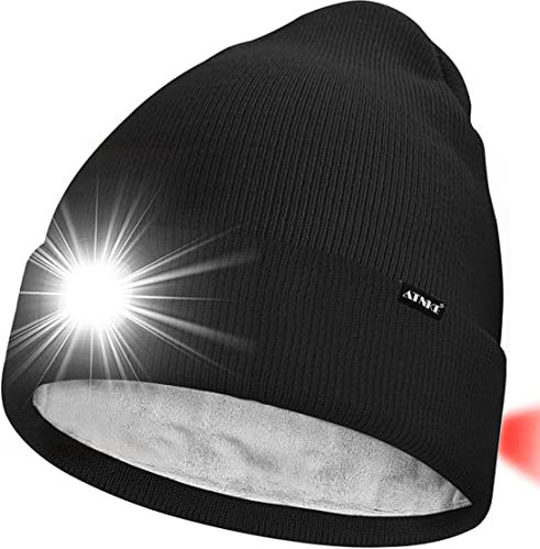 ATNKE Unisex 8 LED Mütze mit Licht,Wiederaufladbare USB Rot Blinkendes Alarm Rücklicht Laufmütze Lampe Winter Warme Gefüttertes Fleece Stricken Mütze für Herren und Damen Geschenke/Black