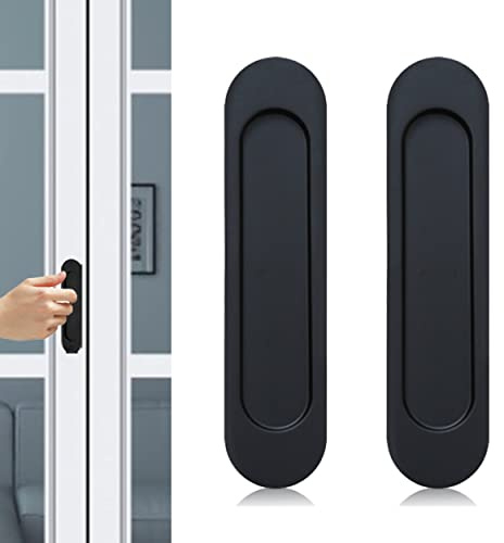 Oval Sliding Door Pulls, 2Pcs Matte Black Aluminum Alloy Flush Pull Punch-Free Handle Closet Door Finger Pulls for Sliding Barn Door Windows Cabinets