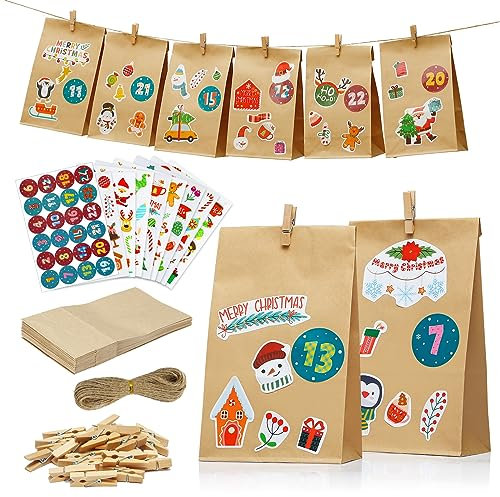 DazSpirit Adventskalender Zum Befüllen, 2025 DIY Adventskalender set zum Selber Befüllen, 24 weihnachten geschenk Kraftpapiertüten & holzklammern & Aufkleber Weihnachten zum Geschenke Machen