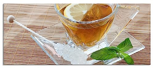 Tableau panoramique en verre véritable - Tasse de thé à la menthe - 120 x 50 cm - Avec suspension et entretoises