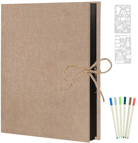AIOR Fotoalben Selbstklebend 60 Schwarze Seiten, Fotoalbum zum Selbstgestalten, Album Fotobuch DIY Scrapbook, Leinenbezug Fotobuch für Familien Hochzeit (Beige)