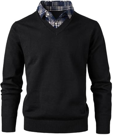 OlyljpinZ Uomo Maglione e Camicia 2 in 1 V-Collo Maglione Inverno Foderato in Pile Pullover a Manica Lunga Giacca in Maglia Felpa con Mock Shirt Collare
