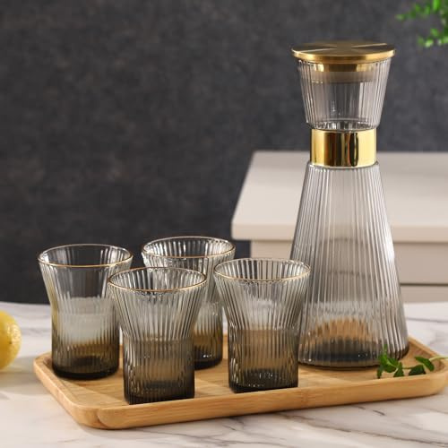 DUJUST Elegant Black Crystal Carafe Set, 1.32L, Golden Lid, 4 Glasses, Tray, Sturdy & Durable, Leak-Proof & Home Decor