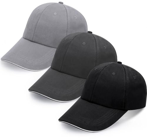 3PCS Baseball Cap for Men Women, Unisex Cotton 6 Panel Plain Baseball Hat Adjustable Breathable Summer Sun Visor Hat Trucker Cap Outdoor Sport Hats (Black,Light Grey and Dark Grey)