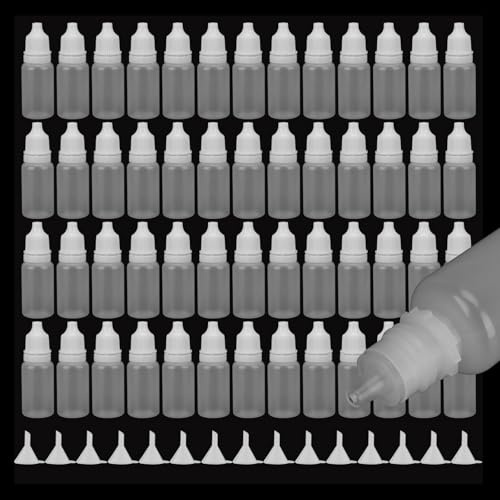 MAHIONG Lot de 250 flacons compte-gouttes de 10 ml avec 15 entonnoirs, petits flacons vides en plastique translucide pour solvants, huiles essentielles, sérums, gouttes pour les yeux