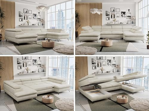 MKS MEBLE Sofa U-Form, Wohnlandschaft U-Form, Sofa mit Schlaffunktion und Bettkasten, Schlafsofa mit Bettkasten, Couch mit Verstellbare Kopfstützen - Peter U - Beige Velvet Hydrophob (ohne Topper)