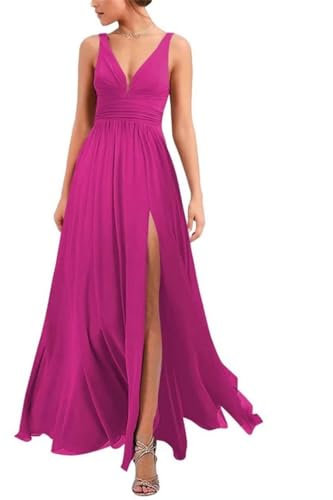 KURFACE WSX492 - Vestido de fiesta de boda con cuello en V para mujer, plisado, de gasa, formal, para invitados de boda, fucsia, 40