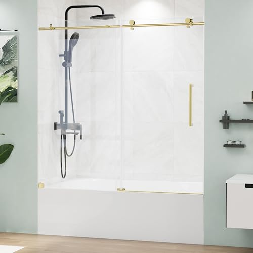 MORDEER Frameless Tub Shower Door 56-59 W x 59 H, Bathtub Sliding Shower Door with 5/16(8mm) Clear SGCC Tempered Glass, Bathtub Doors with Stainless Steel Hardwares, Gold Finish