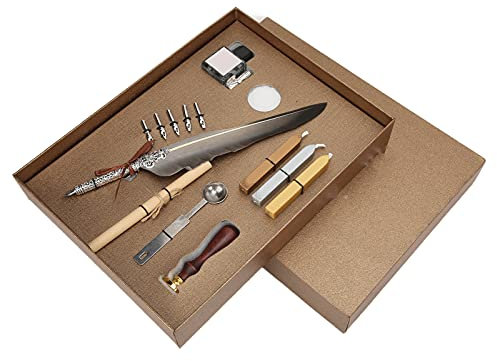 Emoshayoga Feather Penand Ink Set Feather Pen Set Calligraphy Kit, Retro Design with Carving Appearance, Smooth Writing, Pointed Gray FeatherQuill Pen and Ink Set, Dip Calligraphy PenWriting Gift