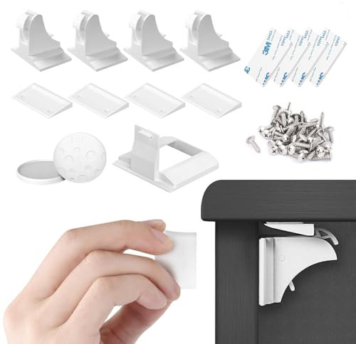 Q Lines® Magnetic Cupboard Locks for Children (4-Locks + 1 Key) - Child Locks for Kitchen Cupboards - Adhesive Magnet Baby Safety Proof Locks for Cabinets and Drawers, Including Screws