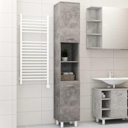 Shally Dogan Mueble de Columna Alto Que Ahorra Espacio, 2 Puertas, Armario Estrecho autoportante con 4 Patas, estantería portaobjetos Multiusos, salón, baño, Cocina, librería, Oficina (Cemento)