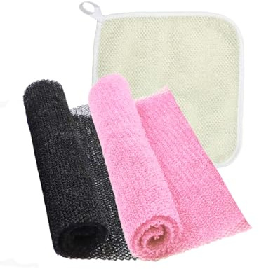 TENQUAN 2 PCS African Net Sponge and 1 PCS African Wash Net for Women Men | Exfoliating Bath Sponges, Body Scrub Back Scrubber, Face Cleaning, Skin Smoother, Daily Wash Clear, Pink Black White