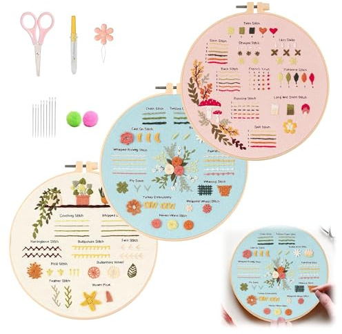 Lunyloer Stickset für AnfäNger, 3 Stück Blumenmuster Pflanzen Sticken Set, AnfäNger Stickerei Set Mit 3 Stück Kunststoff-Stickrahmen Pflanzen Embroidery Kit für Diy Kunst Handwerk NäHen