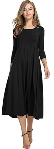 HOTOUCH Women Midi Dresses Elegant 3/4 Sleeve Tunic Dresses A Line Summer Dress Solid Round Neck Dresses with Pockets Black XXL