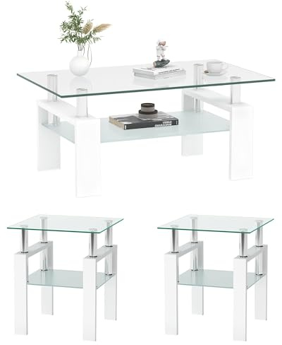 Glass Coffee Table and End Table Set of 3, Tempered Glass & Metal Legs Living Room Table Set, Modern Glass Side Tables for Living Room, Bedroom Nightstand, Center Table (White, Set of 3)