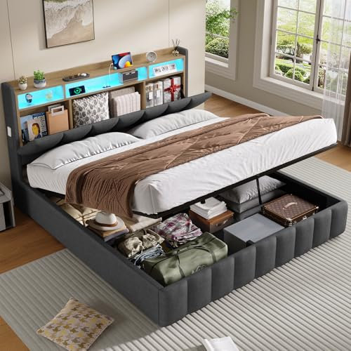 KIMENICH Bett mit LED Beleuchtung, Hydraulisches Bett 160 x 200 cm, Polsterbett, Regalkopfteil mit Stauraum, Bettgestell mit Lattenrost, bequem, für Schlafzimmer, Gästezimmer, Leinenstoff grau