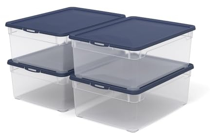 Rotho Clear Aufbewahrungsbox mit Deckel 10 L 4er-Set PP transparent blau | Aufbewahrungsboxen im 4er-Set, transparent für schnellen Überblick, sicher verschließbar, stapelbar und ineinander stapelbar