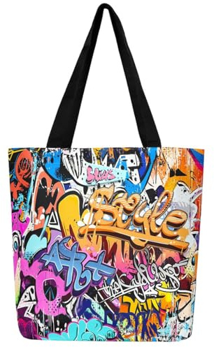 Loussiesd Hippie Graffiti Stil Leinwand Einkaufstasche Hip Hop Street Stoffbeutel Graffiti Grafik Cartoon Stofftasche Grunge Art Urban Einkaufsbeutel für Schularbeit Strand Reise Einkaufen