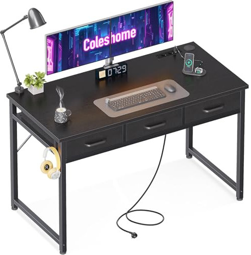 Coleshome Escritorio con Cajones, 120x48 cm Mesa Escritorio con Soporte para Auriculares, Escritorio Ordenador con 2 Tomas de Corriente y 2 Puertos de Carga USB para el Hogar y la Oficina, Negro