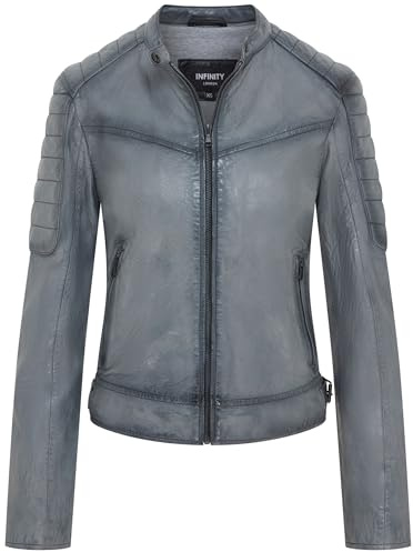 Womens Grey Retro Biker Quilted Vintage Leather Fitted Motorcycle Jacket