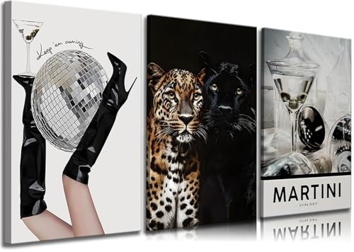 3 Stück trendige Leoparden-Leinwandkunst, flippig, schwarz, High Heels, Discokugel, Wanddekoration, Bilder, Vintage-Barwagen, Leinwandposter, Drucke für Mädchen, Schlafzimmer, Wohnzimmer, Wohnheim,