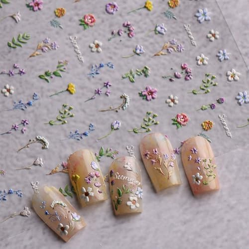 JMEOWIO 3D Nagelsticker Bunte Blumen Nail Art Sticker Selbstklebend Nagelaufkleber 5D Stereoskopisch Sommer Frühlings Blumen Dekoration Nageldesign Zubehör 3 Blatt