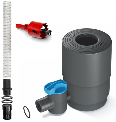 YourCasa Regnsamlare med avstängningskran och filter för fallrör 68–100 mm – regnvattensamlare, set inkl. vattentjuv, regntunneanslutning, Flexi-slang, 32 mm & borr– regnanslutningsset regntjuv