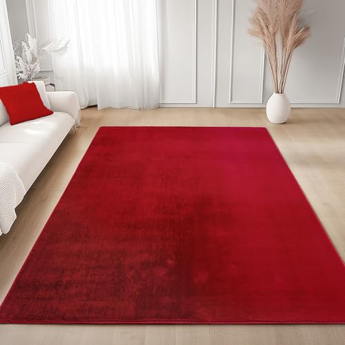 Carpettex Teppich Rot 140x200 cm- Kurzflor Teppich Waschbar, weich & rutschfest, modern einfarbiges Design für Wohnzimmer, Küche Schlafzimmer, & Kinderzimmer