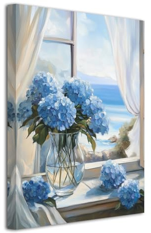 LZIMU Hydrangea Wall Art for Bathroom Blue Hydrangea Picture Rustic Floral Canvas Prints Blue Flower Painting for Living Room Decor Framed (Blues, 18L x 12W)