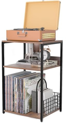 MayRecords Plattenspieler-Ständer, Beistelltisch mit 3-stöckigem Vinyl-Schallplattenhalter, Metall-Beistelltisch, Aufbewahrung für bis zu 100 Alben, brauner Spielerständer für Wohnzimmer, Schlafzimmer