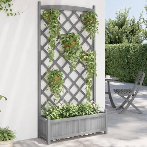 HaoChrymec Fioriera con Traliccio in Legno di Abete, Fioriera da Esterno con Grigliato per Piante Rampicanti, Vaso da Giardino Resistente all'Umidità, Colore Grigio Naturale