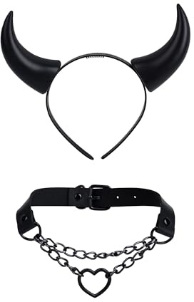 YIMOJOY Teufelshörner Schwarz Haarreifen mit Goth Choker Set,Halloween Haarreif Engel und Teufel Flügel Kostüm Accessoire Teufelsohren Devil Horns für Halloween Karneval Kostüm Zubehör Stirnbänder