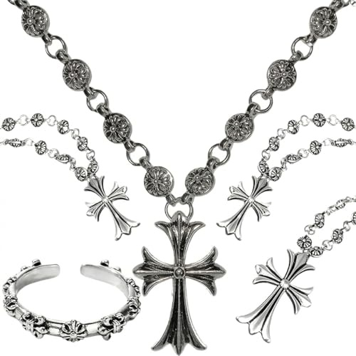 Kreuzkette, Retro Kreuzanhänger mit Halskette, Chrome Hearts, Kreuz Kette Silber Herren, Cross Necklace, Eisernes Kreuz Kette für Glauben und Stil,50 cm Kreuzkette Und Vierblattring für Herren & Damen