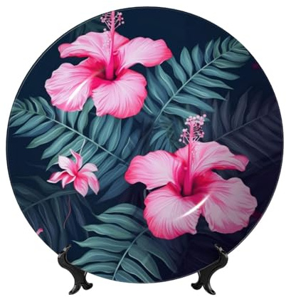 KYVTYBGDD Bone China Decorative Plate Hawaii Pink Flower Print Home Wobble-Plate With Display Stand, Porcelain Plate For Home Kitchen Bedroom Decor, Round 6, 7, 8, 10 Inch