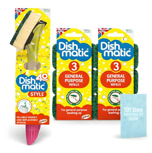 Washing Up Sponges Soap Dispensing Magic Handle, Super Scrubbing Kitchen Cleaner Flash Scourer Bathroom Scrub Sponge Scraper Refill TDY Bundle With TDY Washing Up Guide (Handle plus 6 Sponge Refills)