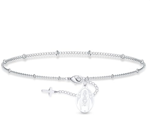 Bracelet Vierge Marie pour femme en acier inoxydable délicat Vierge de Guadalupe Chapelet Jésus Croix Charm Bracelets à maillons crucifix catholique religieux chrétien cadeau de baptême (Argent 1)