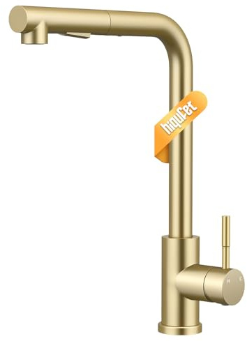Hiqufet Wasserhahn Küche, Ausziehbare Küchenarmatur mit Sprühbrause aus Edelstahl und 2 Sprühfunktionen, 360° Schwenkbar, Einhebelmischer, Gold