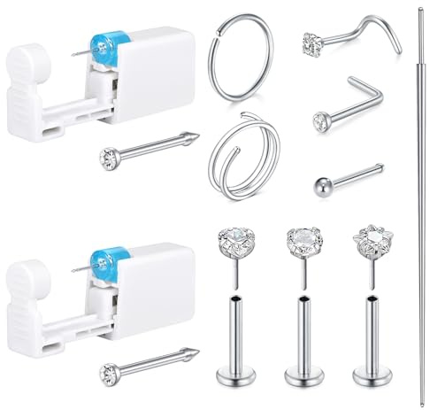 WillTen 13Pcs Nose Piercing Kit Nose Ring Piercing Gun Silver, Disposable Nostril Piercings Kit with Rings Hoops Studs Self Nostril Piercings Gun Kits at Home Piercer Tool