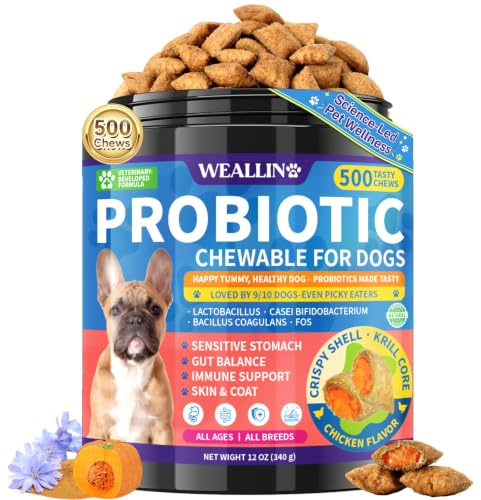 WEALLIN Probiotics for Dogs, Krill Core, Chicken Flavour, 500 Chews | Crunchy chews with a krill core, triple probiotics, dual prebiotics, pumpkin and enzymes for digestion, skin and coat.