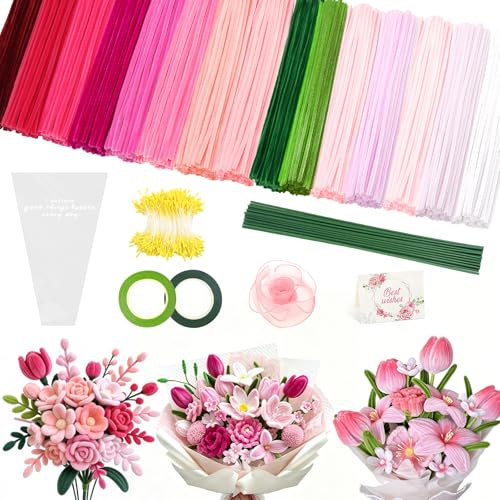 MOTONG 500 Stück Pfeifenreiniger Blumen Set, 15 Farben Pfeifenputzer zum Basteln mit Blumendraht Grün, Pipe Cleaner mit Staubgefäße, Geschenkband, Geeignet als Geschenk zum Muttertags Valentinstag