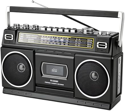 Cassette Player with Bluetooth 5.0 & USB/AM/FM/SW Radio, Portable Tape Recorder, 10W Stereo Sound, USB/TF Playback, Mains/Battery Powered, Supports 3.5mm Earphones Jack