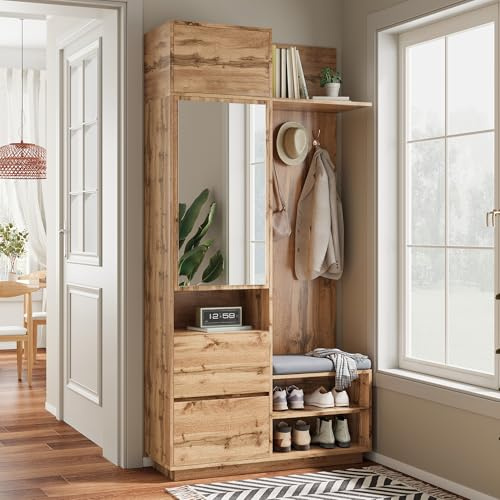Httcg Garderobe Set Garderobenschrank Höhe 190 cm mit Spiegel und Sitzbank, Garderobenset Flurgarderoben Set mit Wandgarderobe und Schuhschrank, Kompaktgarderobe mit Haken, Flurmöbel, Holzfarbe