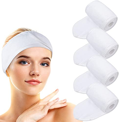 VIVOTE Mikrofaser Kosmetik Stirnband, Spa Haarband, Haarbänder frauen, 4pcs | Frottee verstellbare Haarschutzband mit Klettverschluss, Mikrofaser Haarband bei Make Up, Sport, Dusche, Yoga, waschbar,weiß