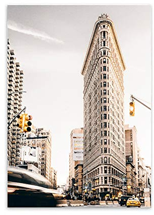 Hochwertiger Leinwanddruck mit Flatiron Building New York als Motiv A4 21 x 30 cm (ohne Rahmen) - Frankreich Kunstdruck moderne Poster Print Leinwandbild Wandbild Leinwand Plakat Deko Bild DINA4