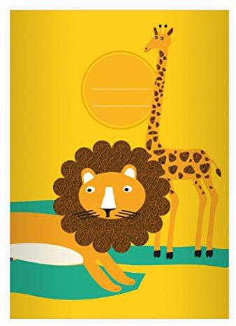 Kartenkaufrausch 2 Retro Afrika Wildtier DIN A4 Schulhefte, Schreibhefte mit Löwe und Giraffe, gelb Lineatur 27 (liniertes Heft 16 Blatt/32 Seiten) Notizheft, Kladde für Schule, Uni, Büro