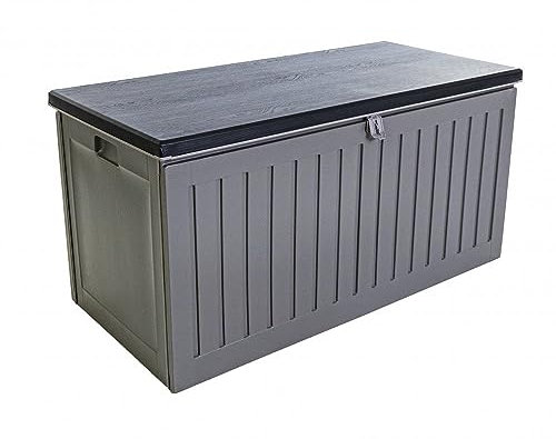AIRWAVE Outdoor Plastic Garden Storage Box 270L, Weather and Fade Resistant, Lockable, Doubles as Storage Bench, Wood Effect, Indoors/Outdoors (Small)