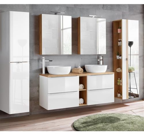 Lomadox Komplett Badmöbel Set mit Doppel-Waschtisch inkl. 2 Keramik-Aufsatzbecken 50cm, Hochglanz weiß & Wotaneiche inkl. LED-Spiegelschrank