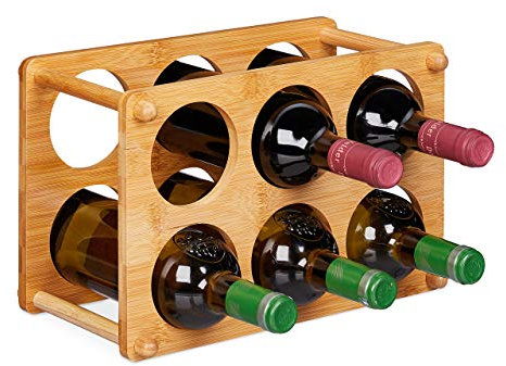Relaxdays Weinregal, Bambus, 6 Flaschen, Weinständer für Küche, Keller, Wohnzimmer, Weinablage HBT 21x32x18,5 cm, Natur, Hellbraun