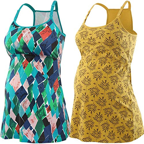 ZUMIY Top Allattamento, Camicia per Gravidanza da Allattamento Sleep Bra per L'Allattamento al Seno (S, Yellow Printing+Green Pattern/2-pk)
