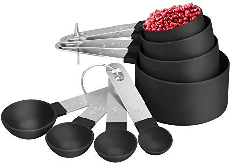 8 Stück Messlöffel Set, Kunststoff Messbecher und löffel mit Edelstahlgriff, Messwerkzeug für Flüssigkeiten und Feststoffe, Backmessen, Messwerkzeug von Küchen (Schwarz)